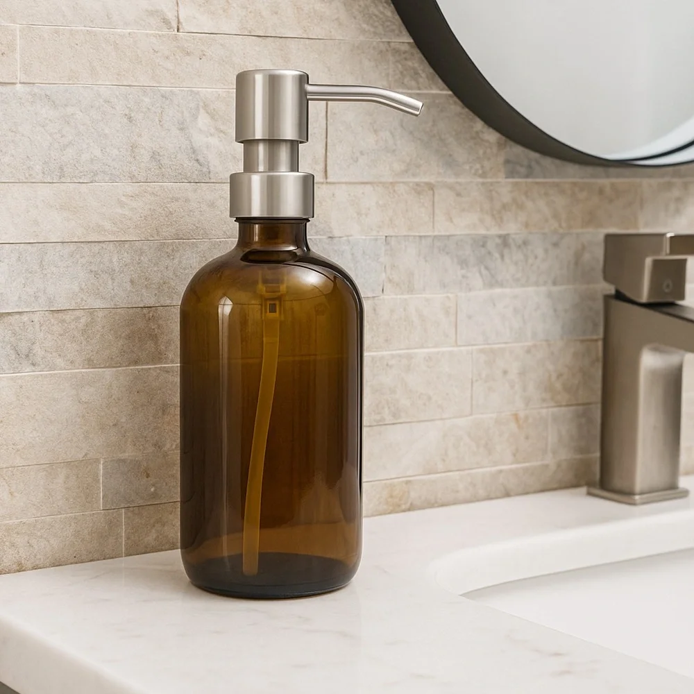 💚SET OF 2: 16 OZ. GLASS SOAP DISPENSERS W/ METAL PUMP (AMBER GLASS/SILVER PUMP)